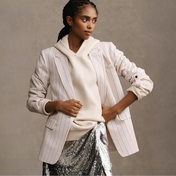 Anthropologie Jackets & Blazers - Anthropologie Maeve Striped Roll-Sleeve Blazer Black White Size 8